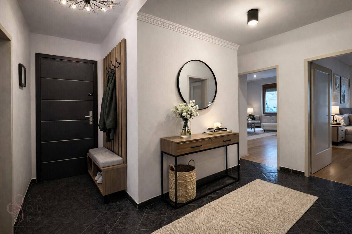 Eingangsbereich mit dunklem Fliesenboden, Garderobe und einem Spiegel, der den Raum erweitert.