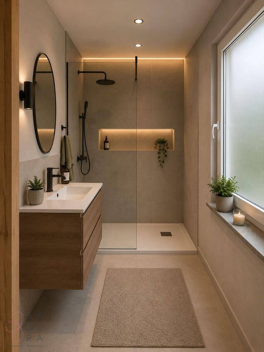 Modernes Badezimmer mit begehbarer Dusche, Holzwaschtisch und Fenster für Tageslicht.