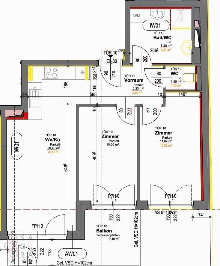 Detaillierter Grundriss einer Wohnung mit offenem Wohn-/Küchenbereich, zwei Zimmern und Balkon.