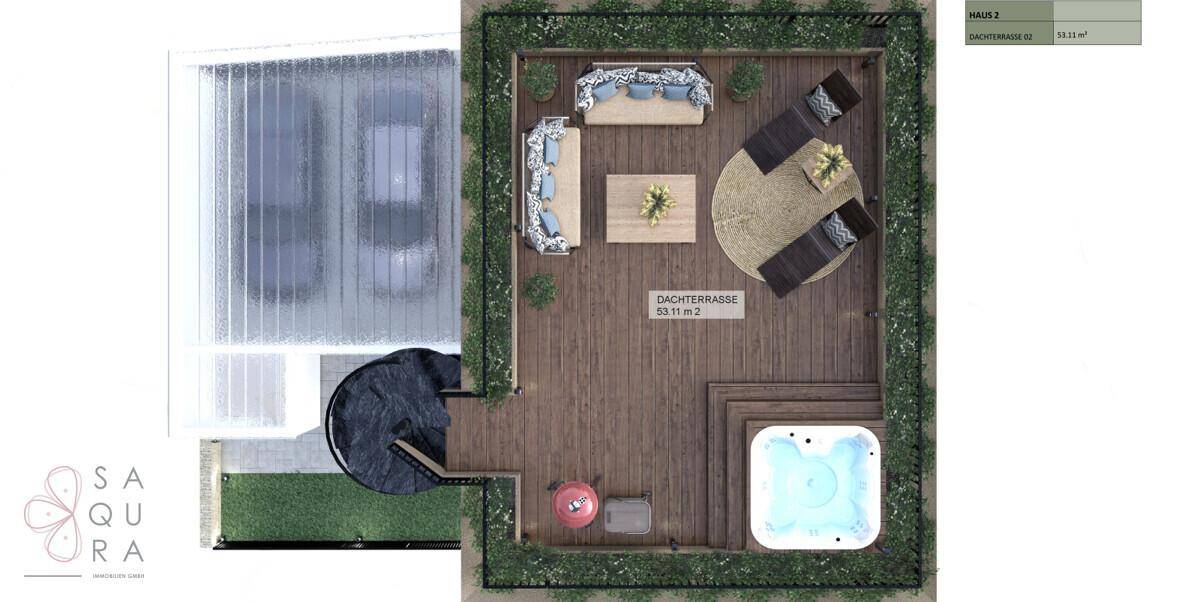 Grundriss der Dachterrasse mit Whirlpool, Sitzgelegenheiten und viel Platz zum Entspannen.