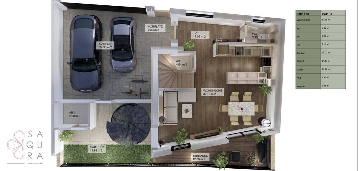 Grundriss des Erdgeschosses mit Wohnbereich, Küche, Terrasse, Garten und Carport für zwei Autos.
