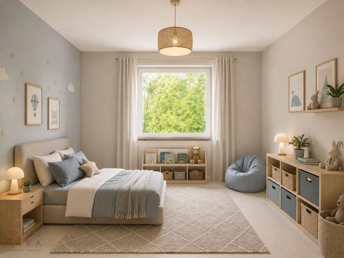 Freundliches Kinderzimmer mit Einzelbett, Spielzeugregalen und großem Fenster mit Grünblick.