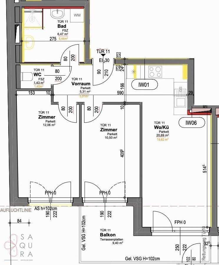 Grundriss einer Wohnung mit drei Zimmern, Bad, WC, Balkon und offener Küche.