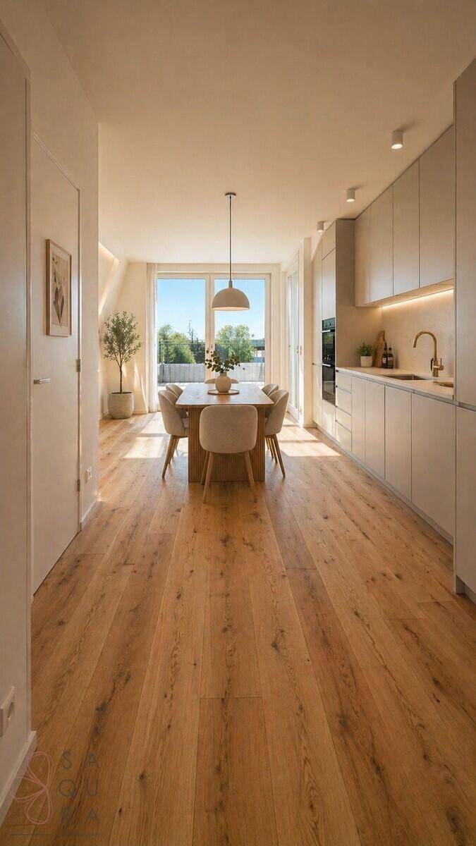Moderne Küche mit Essbereich, Holzboden und Zugang zu einem Außenbereich, hell und offen gestaltet.