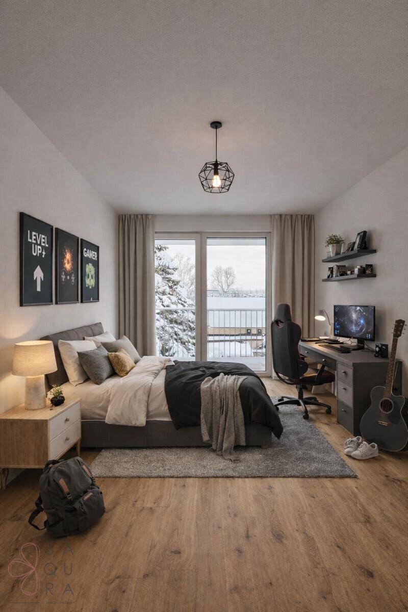 Gemütliches Schlafzimmer mit Bett, Schreibtisch und Balkonzugang, Blick auf eine verschneite Landschaft.