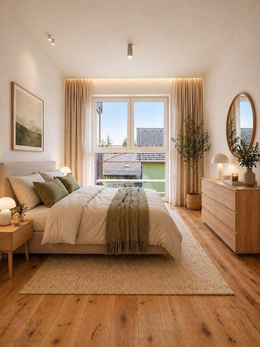 Modernes Schlafzimmer mit Holzboden, großem Fenster und minimalistischer Einrichtung.