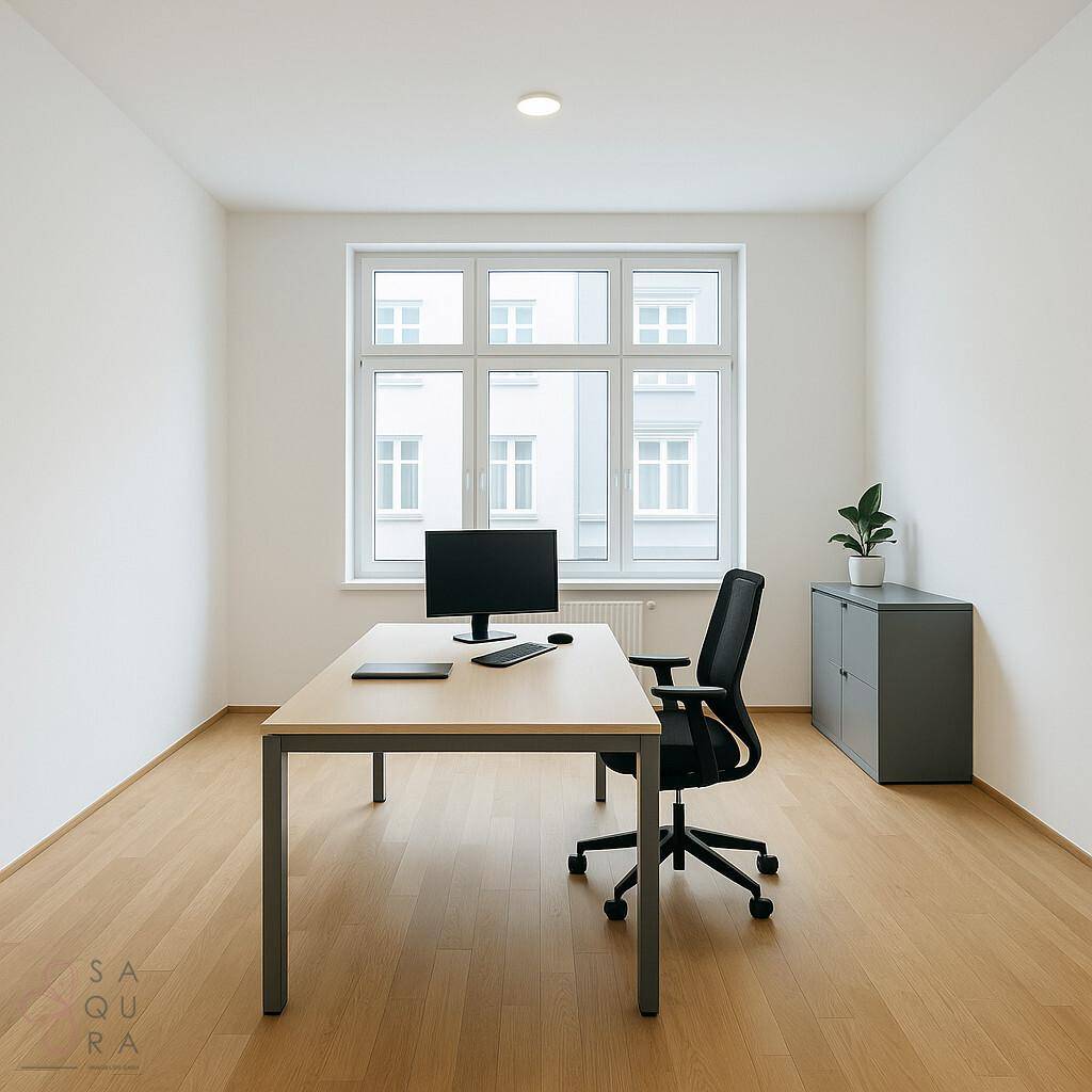 Modernes Büro mit Schreibtisch, Bürostuhl und Fenster mit Blick auf die Stadt.