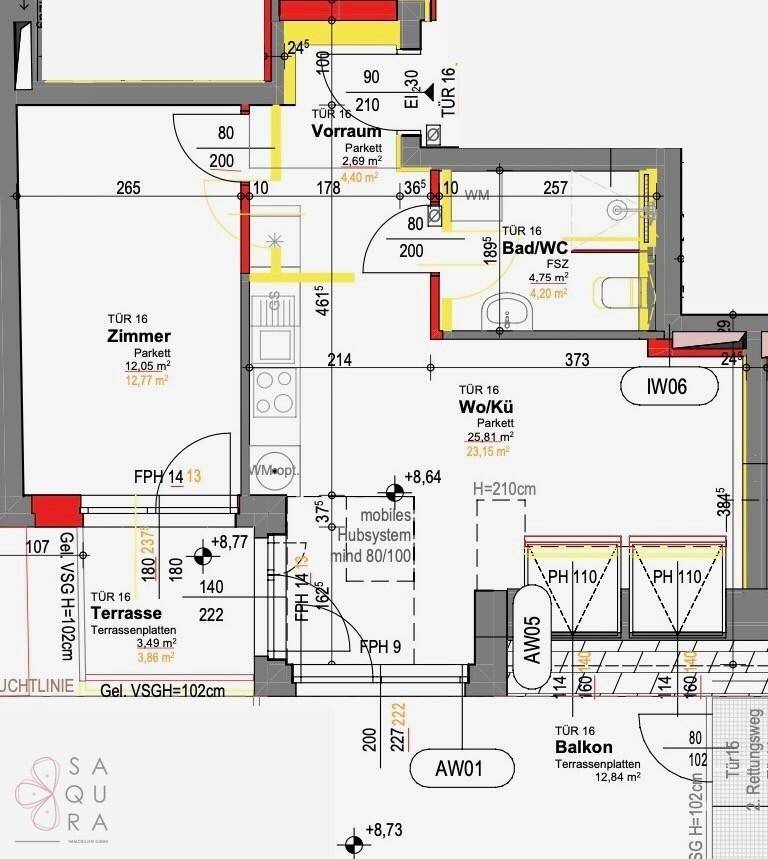 Detaillierter Grundriss einer Wohnung mit offener Wohnküche, Bad, Zimmer und zwei Außenbereichen.