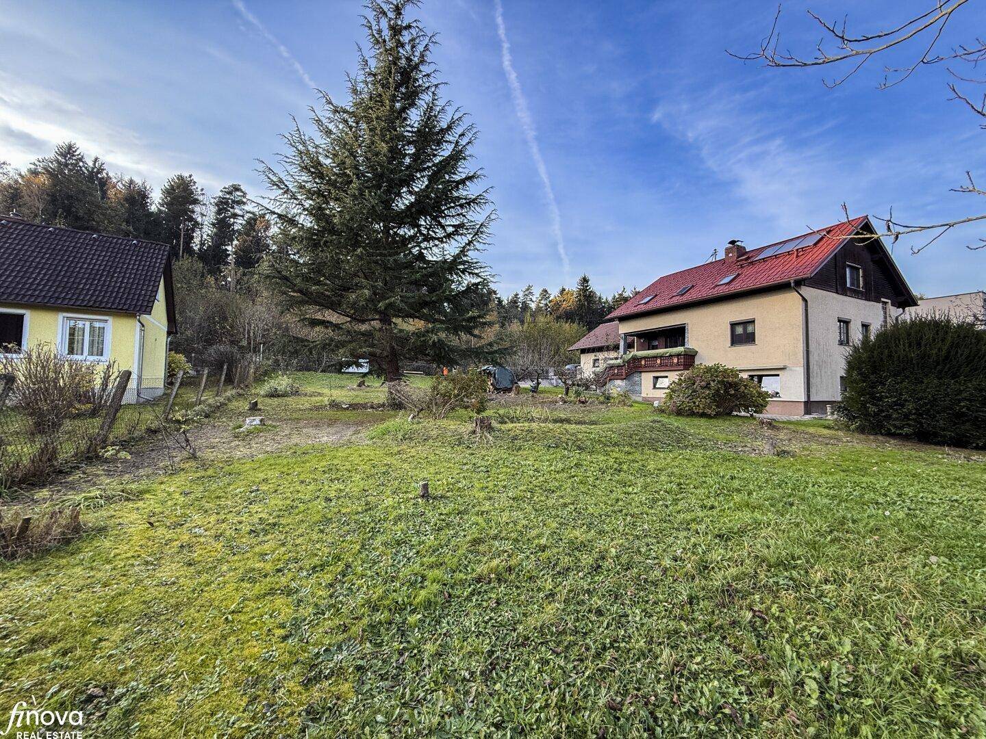 Weitläufiger Garten mit Rasen, zwei Häusern und einem Waldgebiet am Horizont unter blauem Himmel.