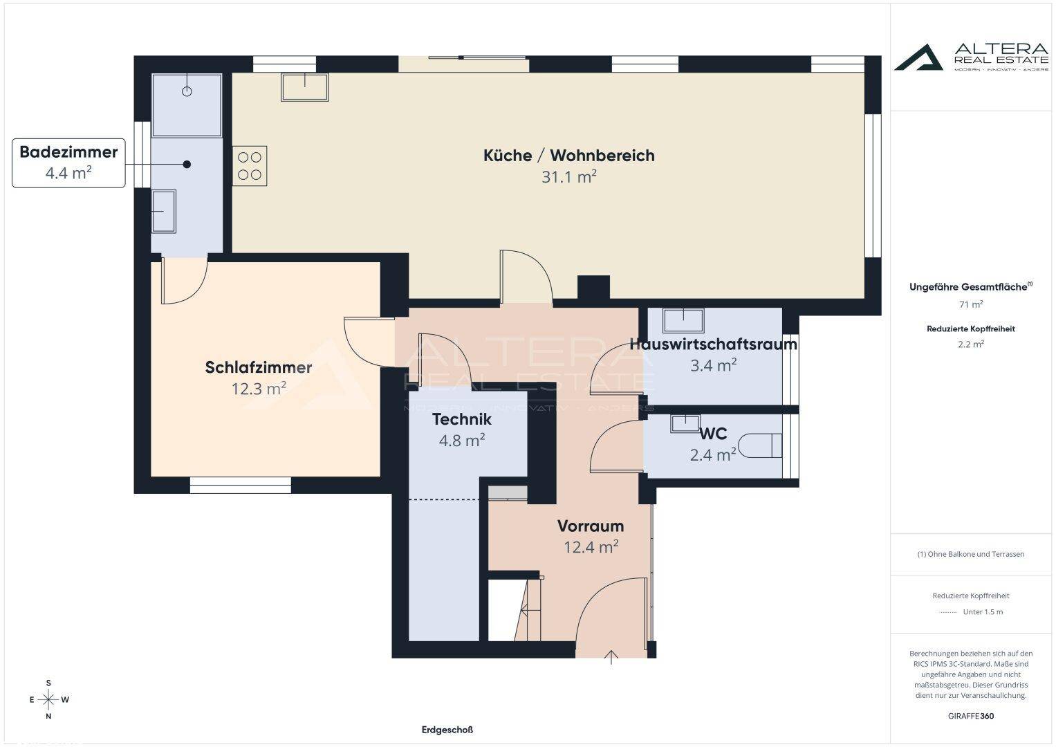 Detaillierter Grundriss des Erdgeschosses mit Raumaufteilung und Flächenangaben.
