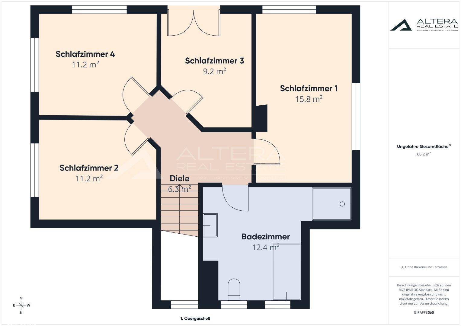 Detaillierter Grundriss des Obergeschosses mit Schlafzimmern und großem Badezimmer.