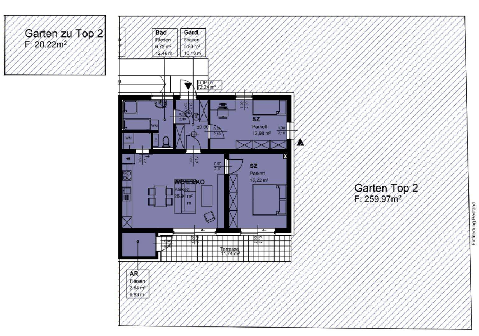 Grundriss einer Wohnung mit zwei Schlafzimmern, offenem Wohnbereich und großer Terrasse.