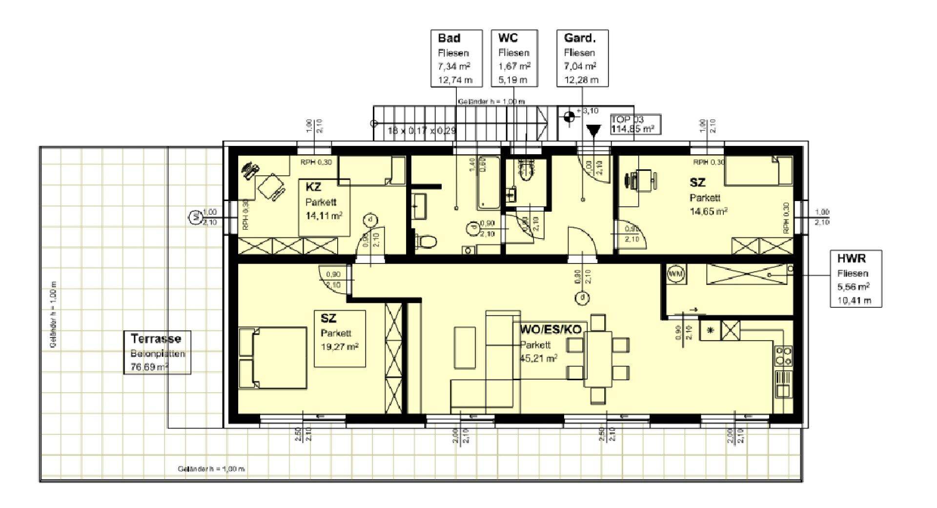 Grundriss einer Wohnung mit mehreren Zimmern, einer großen Terrasse und klarer Raumaufteilung.