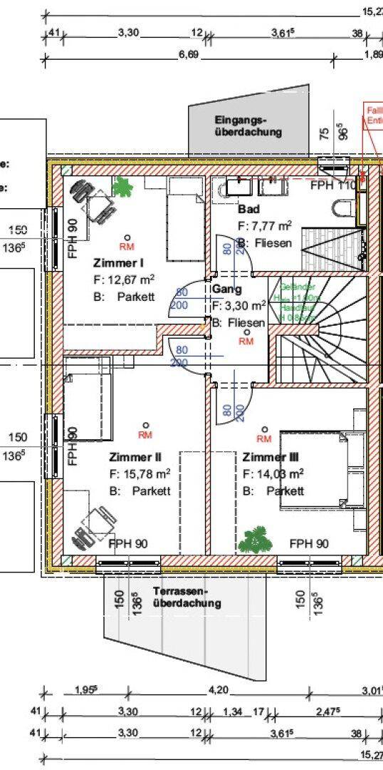 Grundriss des Obergeschosses mit drei Schlafzimmern und einem Badezimmer.