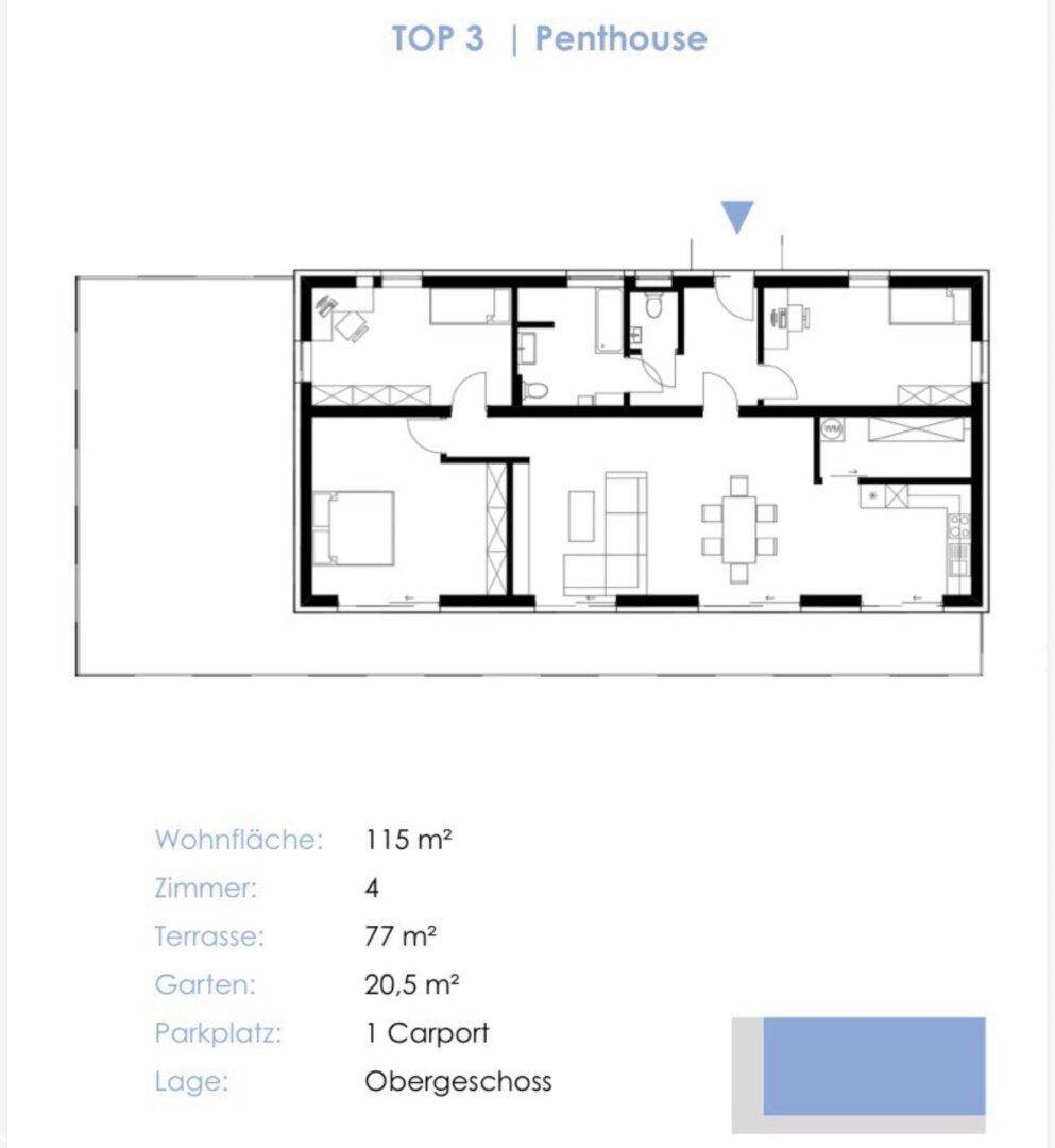Grundriss der Penthouse-Wohnung mit vier Zimmern, Terrasse und Carport.