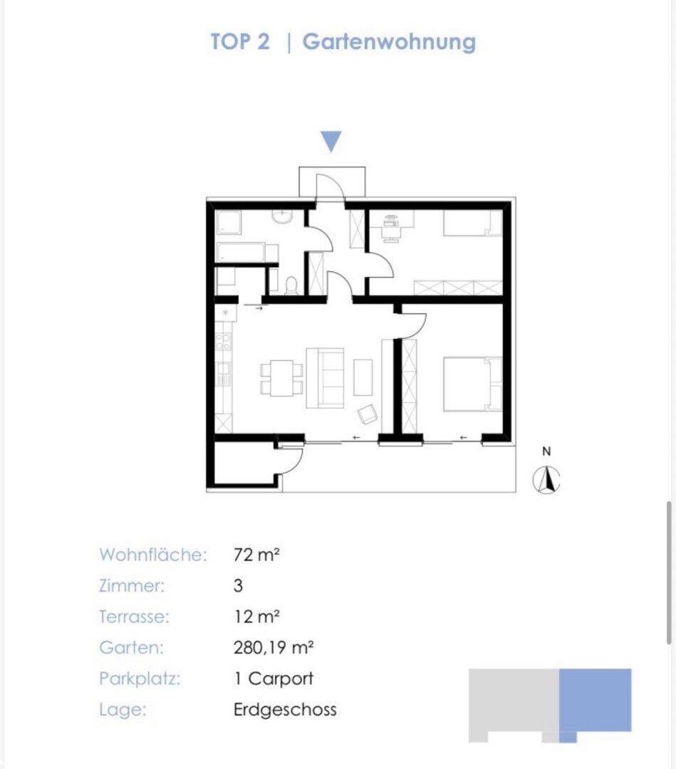Grundriss der Gartenwohnung "TOP 2" mit 72 m² Wohnfläche, Terrasse und Garten.