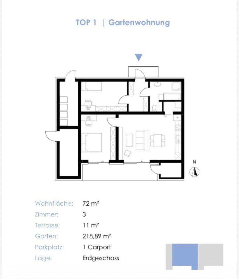 Grundriss der Gartenwohnung "TOP 1" mit drei Zimmern, Terrasse und Gartenanteil.