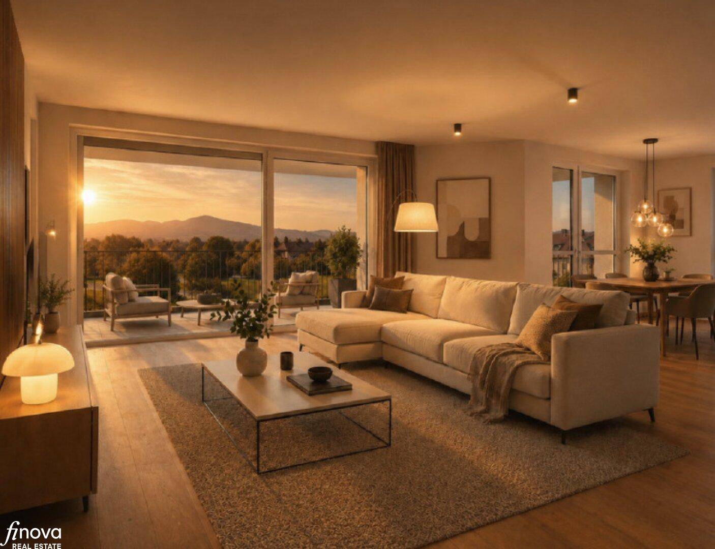 Heller Wohn-Essbereich mit großem Sofa, Holzboden und Zugang zu einem Balkon mit Bergblick.
