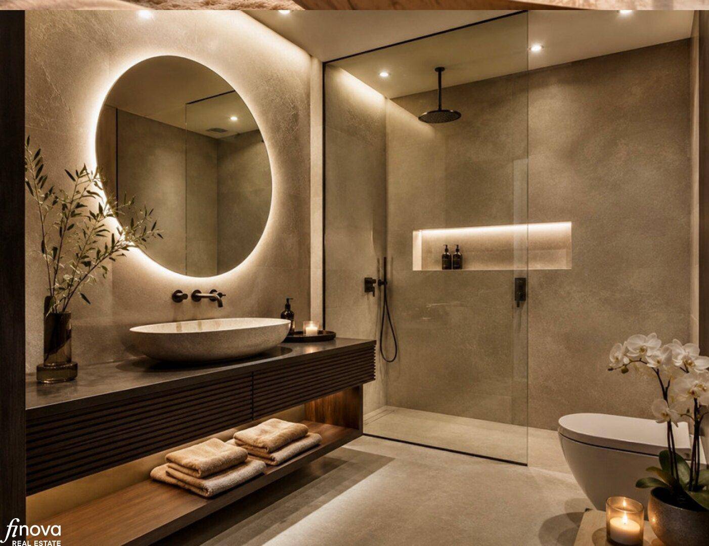 Modernes Badezimmer mit begehbarer Dusche, beleuchtetem Spiegel und schwebendem Waschtisch.