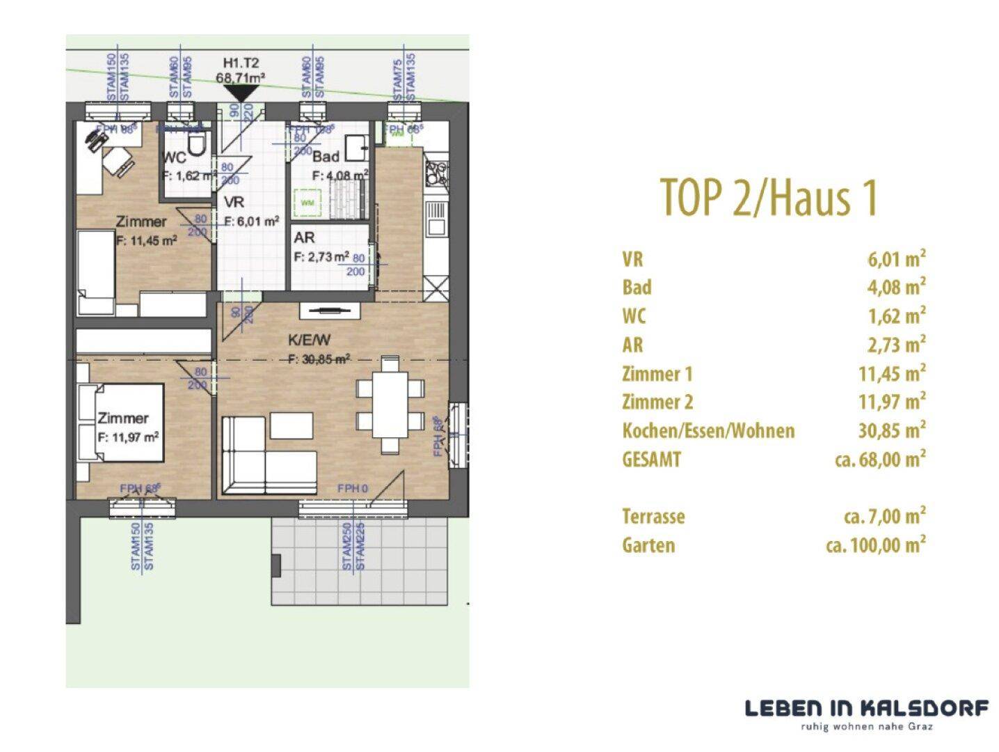 Grundrissplan einer Wohnung mit drei Zimmern, Terrasse und Gartenanteil.