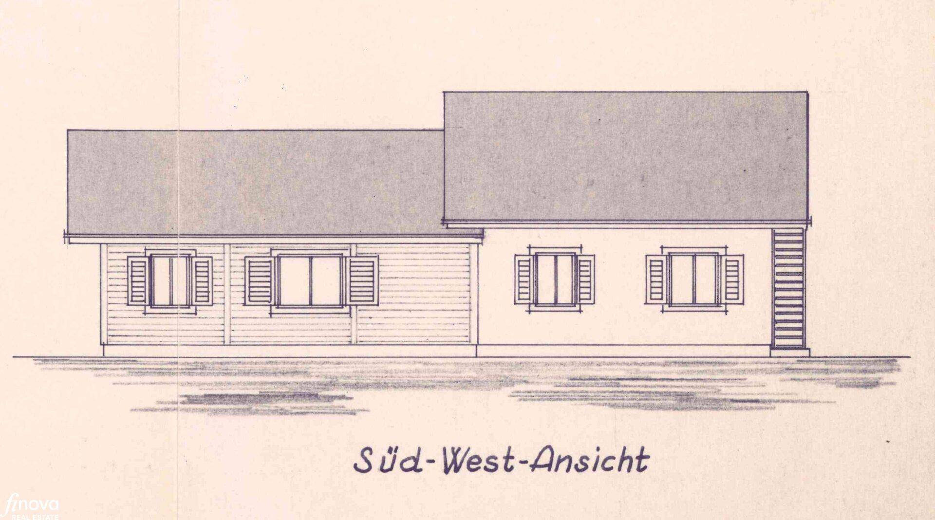 Architektonische Zeichnung der Süd-West-Ansicht eines Hauses mit Satteldach und Fensterläden.