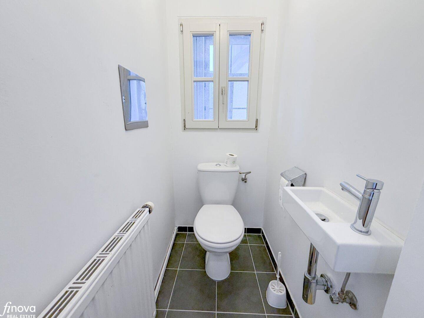 Funktionales Gäste-WC mit weißer Toilette und kleinem Waschbecken, ideal für Besucher.