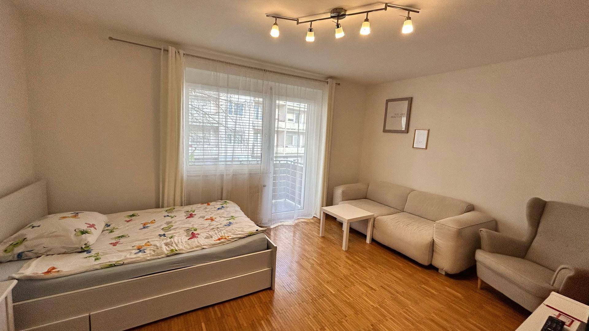 Heller Wohnbereich mit Schlafsofa, Bett und Zugang zu einem kleinen Balkon.