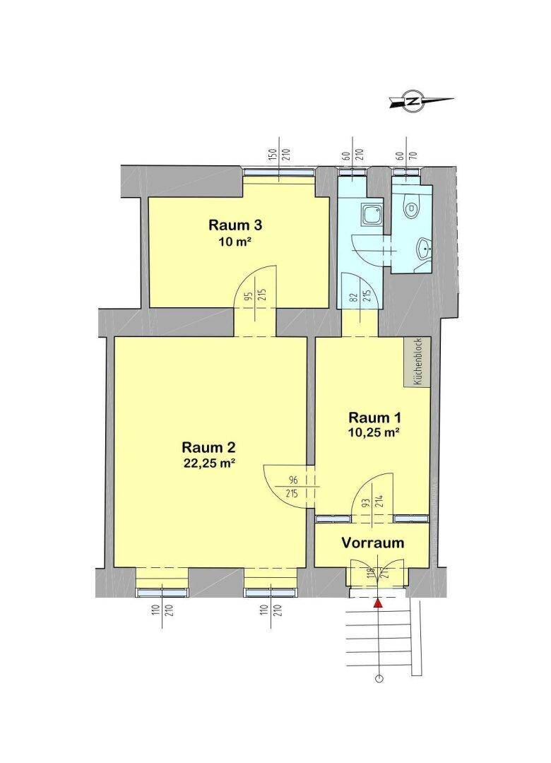 Grundrissplan mit drei Räumen, einem Vorraum und einem Badezimmer, inklusive Maßen.