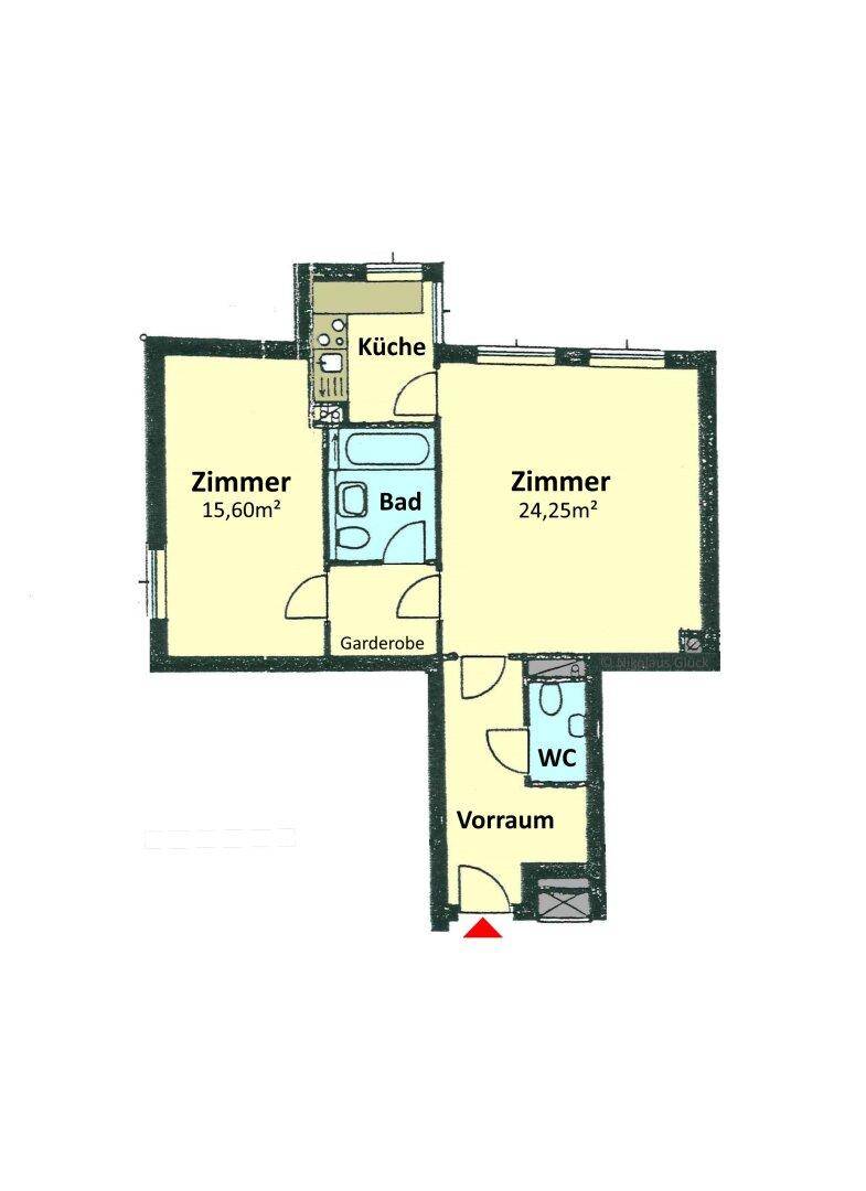 Grundriss einer Wohnung mit zwei Zimmern, separatem WC, Bad und Küche.
