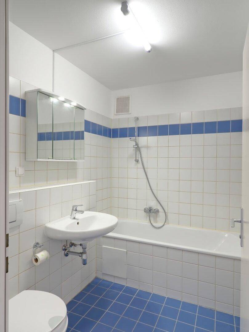 Badezimmer mit blauen und weißen Fliesen, Badewanne mit Duschfunktion und Spiegelschrank.