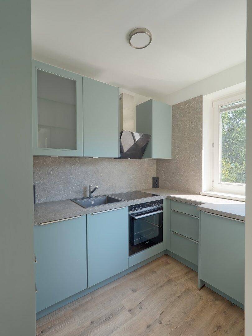 Moderne Küche mit hellblauen Schränken, Einbauherd, Spüle und Fenster mit Grünblick.