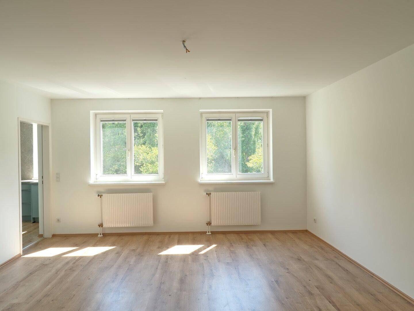 Heller Wohnraum mit Laminatboden, zwei Fenstern und offenem Zugang zur angrenzenden Küche.
