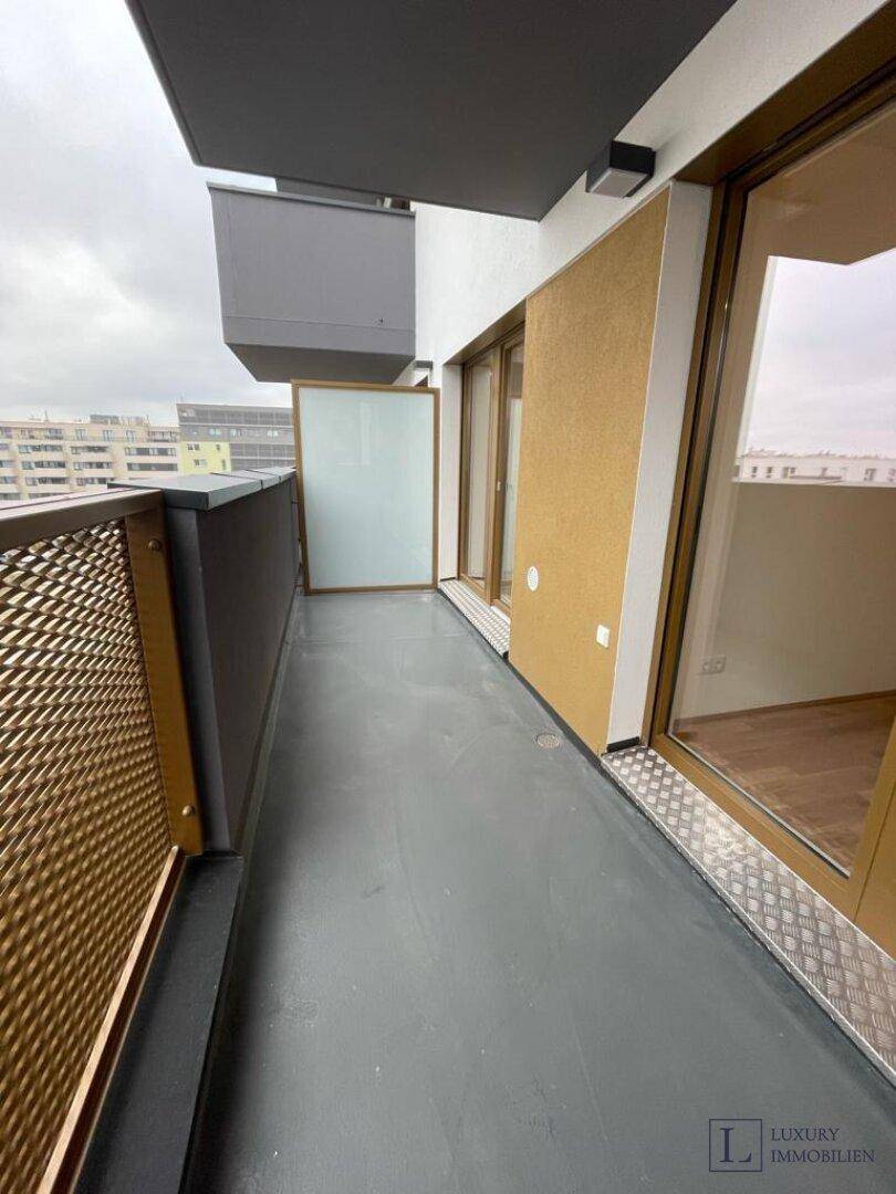 Langer Balkon mit modernem Metallgeländer und Blick auf die umliegende Bebauung.