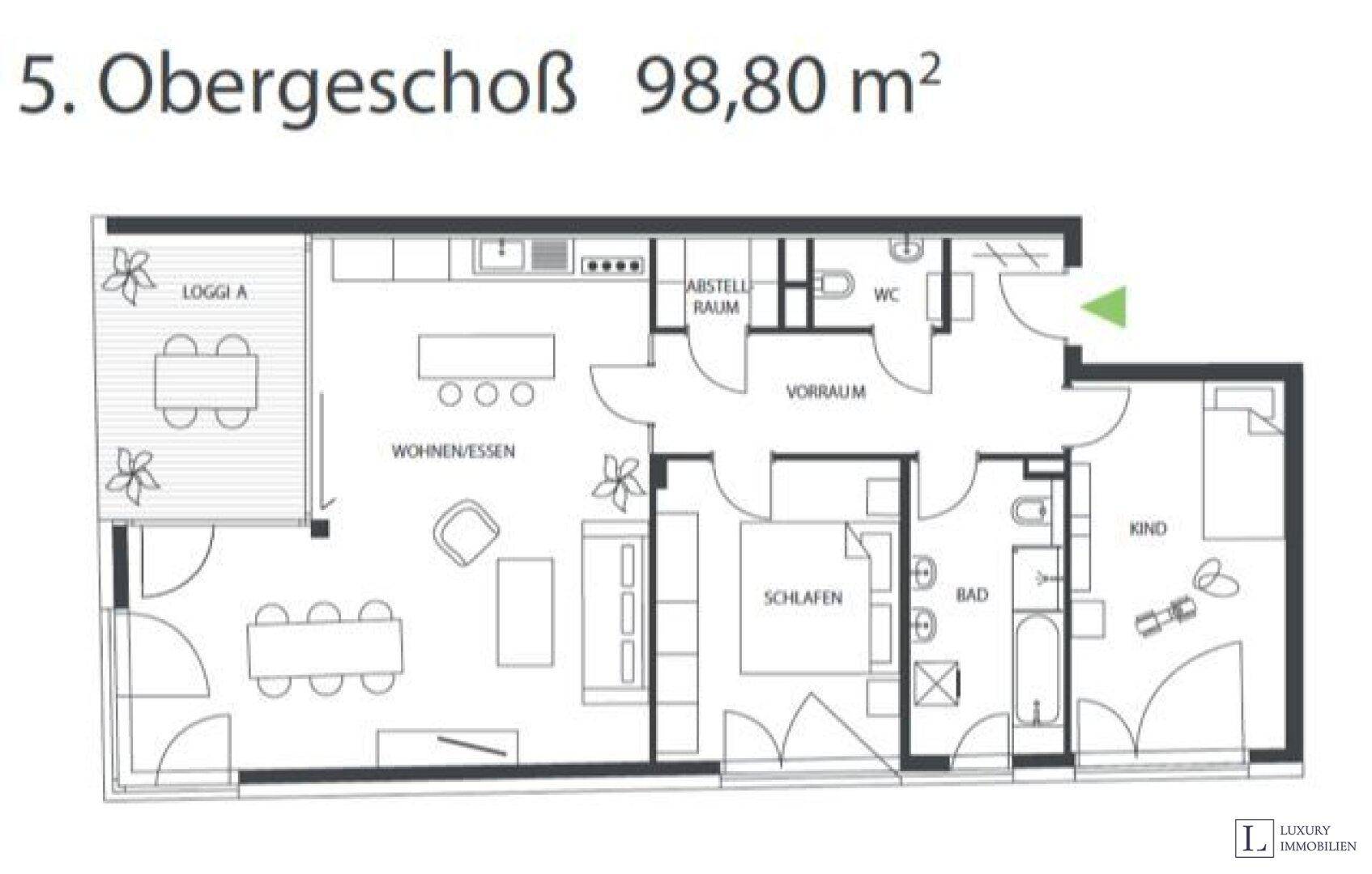 Grundriss des 5. Obergeschosses mit 98,80 m² Wohnfläche und Loggia.