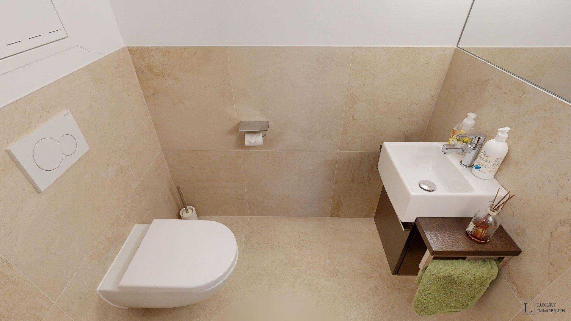Kleines Gäste-WC mit Wand-WC und modernem Waschbecken.