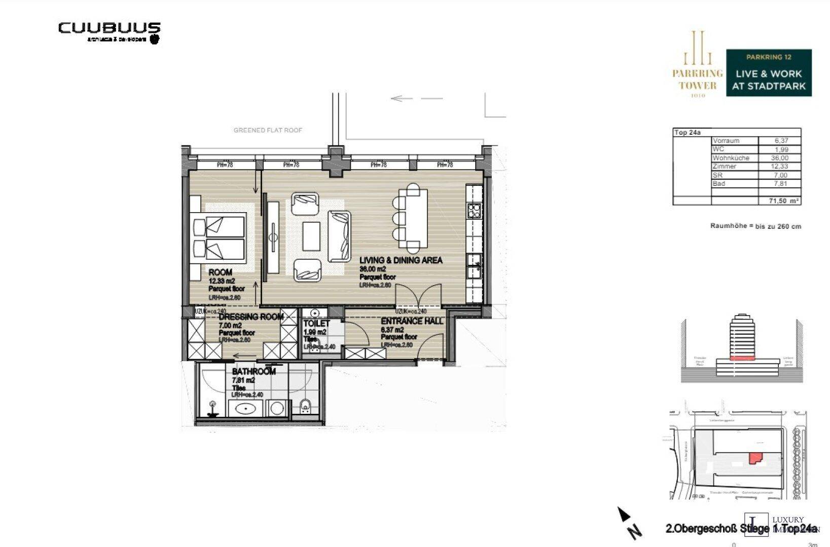 Grundriss einer Wohnung mit Wohn- und Essbereich, Schlafzimmer und Bad auf 71,50 m².