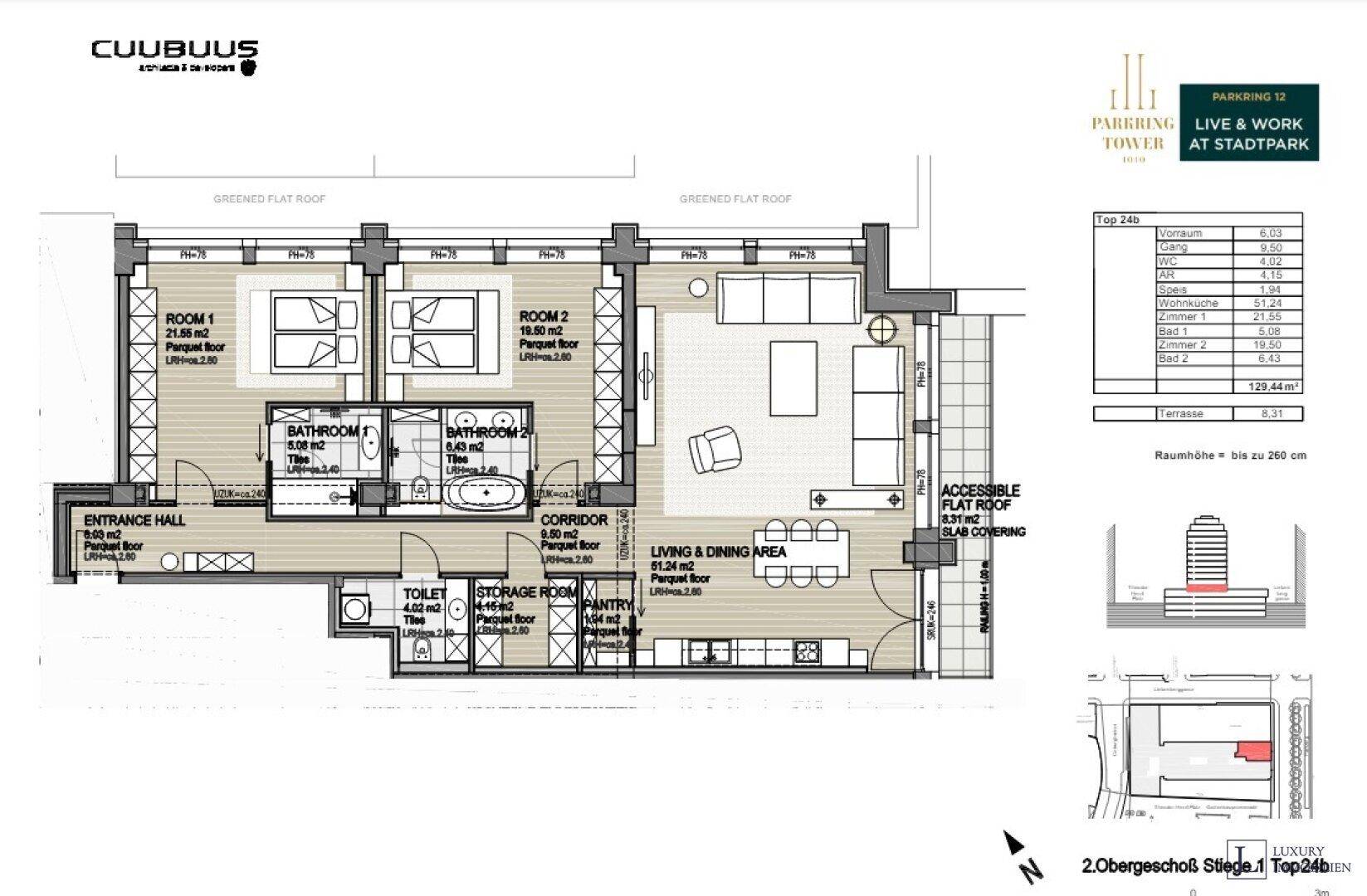 Grundriss einer Wohnung mit zwei Schlafzimmern, zwei Bädern und offenem Wohn-Essbereich.