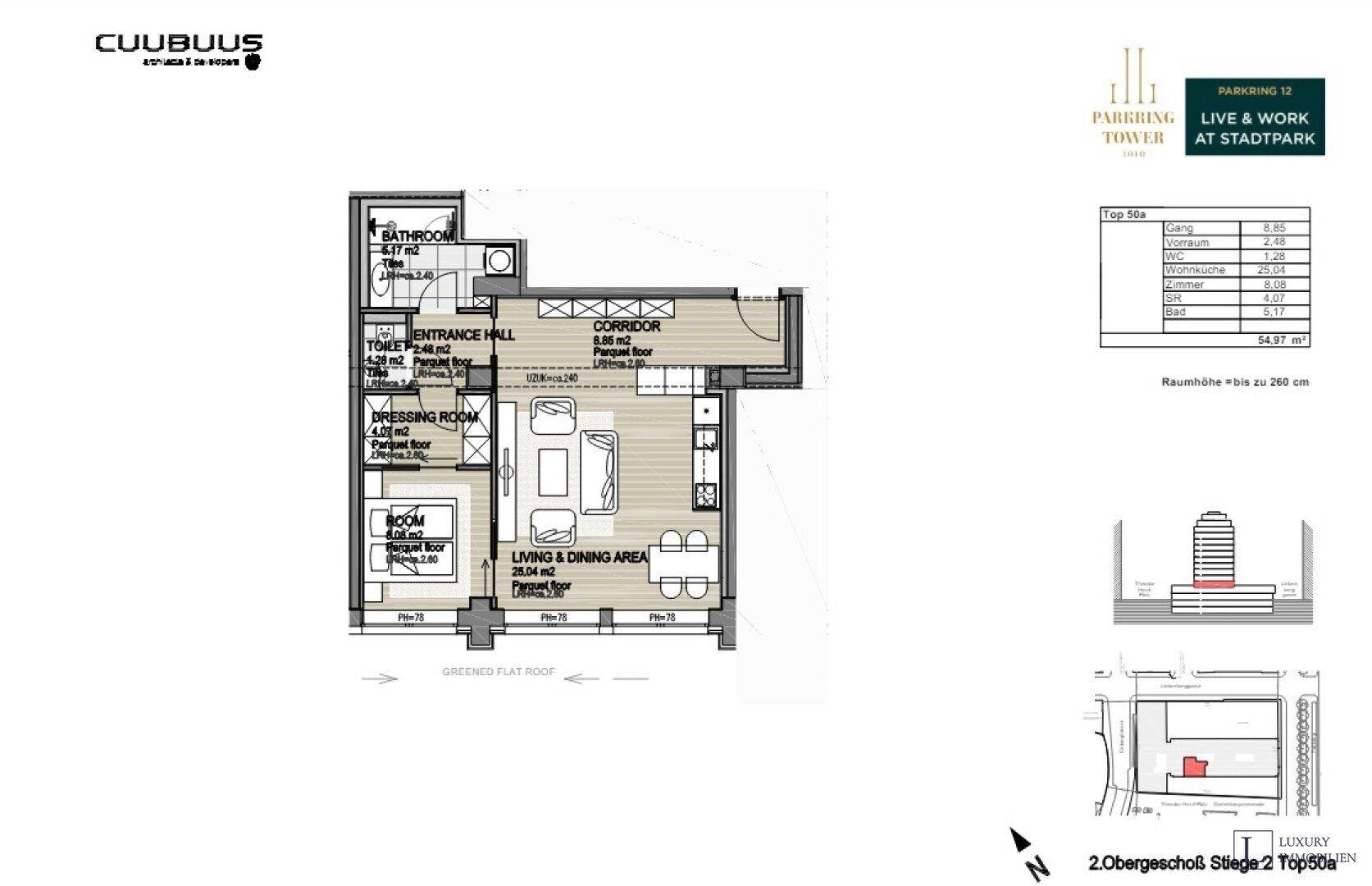 Grundriss einer Wohnung mit offenem Wohn- und Essbereich, Schlafzimmer, Bad und Ankleidezimmer.
