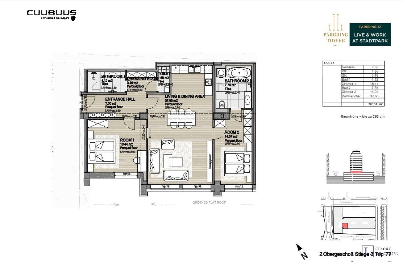 Detaillierter Grundriss einer Wohnung mit zwei Schlafzimmern und offenem Wohnbereich.