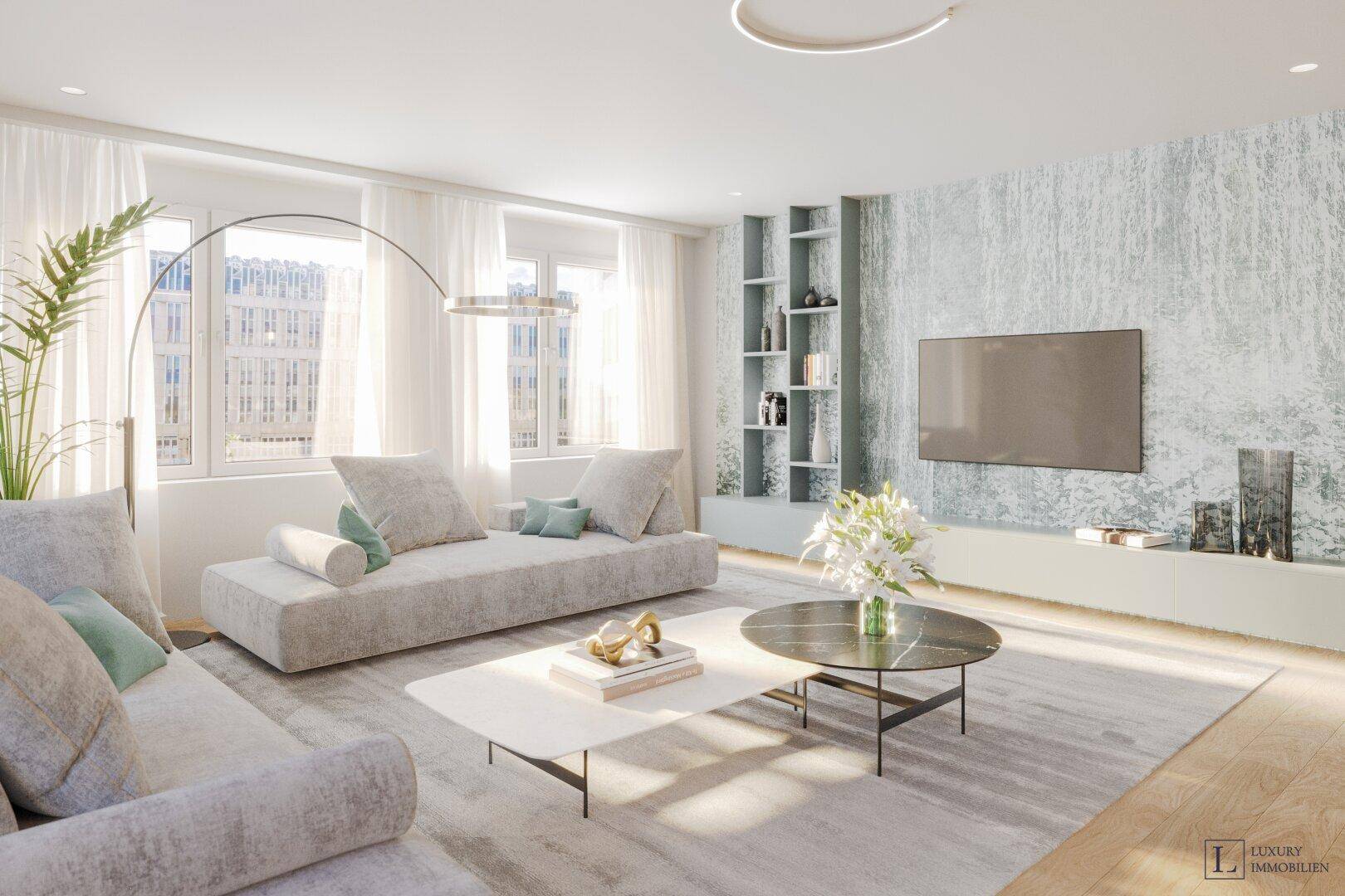 Geräumiges Wohnzimmer mit bequemen Sofas, modernen Couchtischen und großem Fernseher.