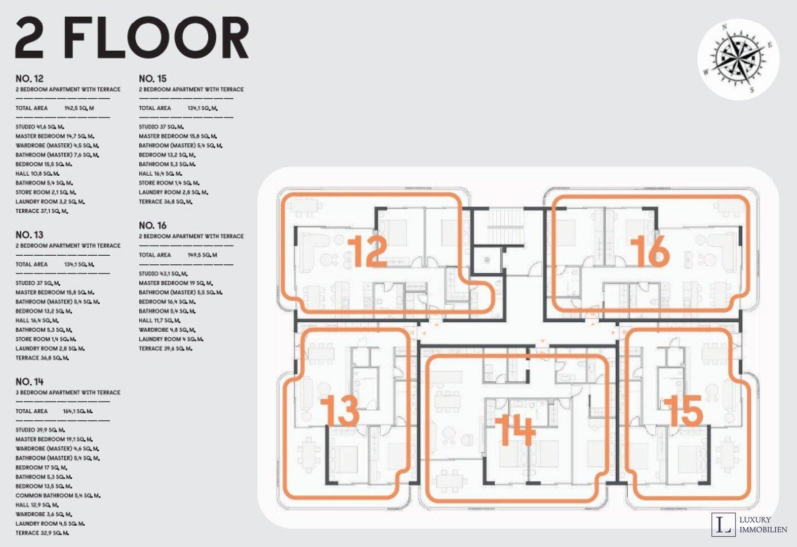 Grundrissplan der zweiten Etage mit verschiedenen Wohnungen, alle mit Terrasse und funktionalen Grundrissen.