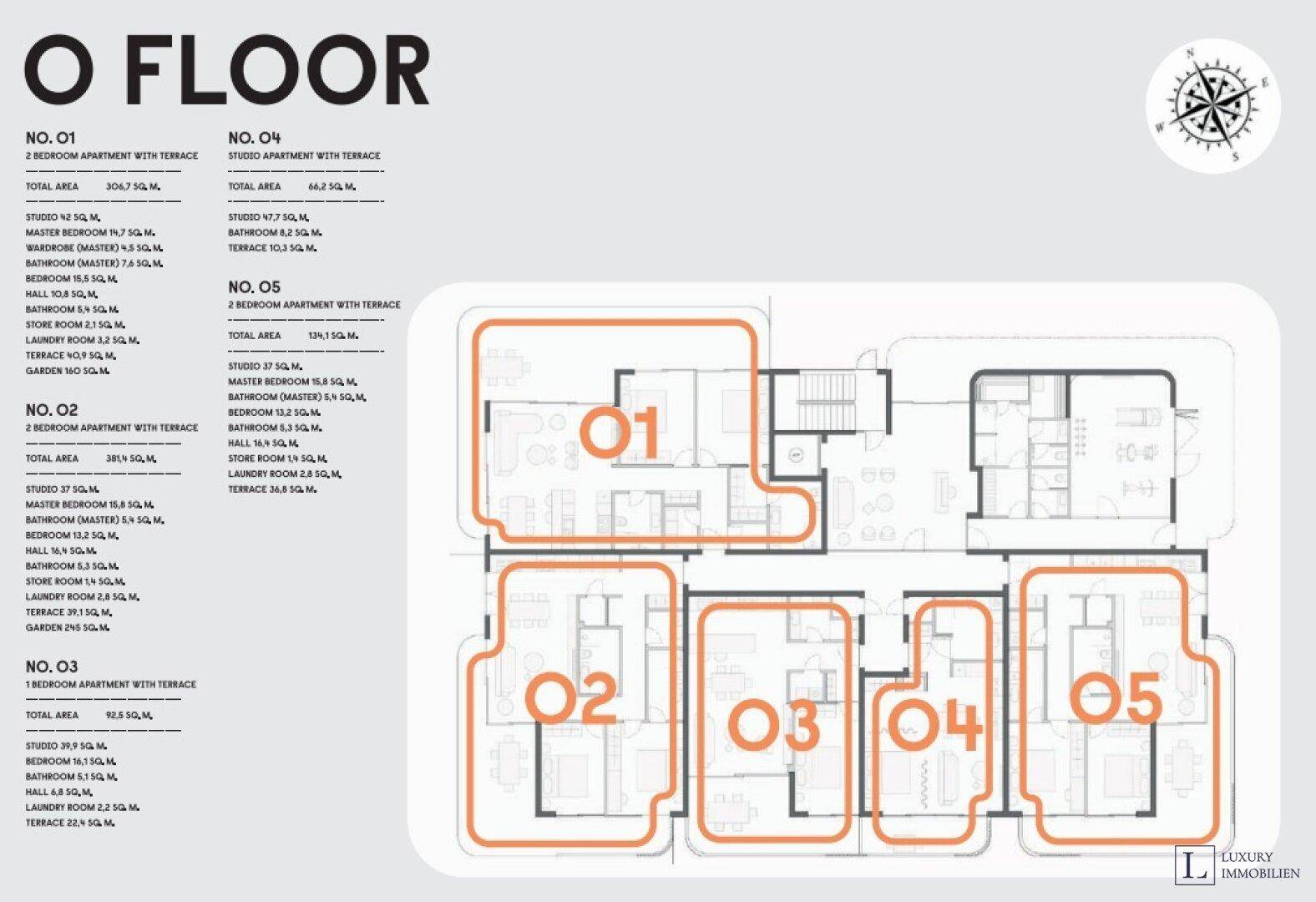 Grundriss des Erdgeschosses mit fünf Wohneinheiten, offenem Layout und Terrassenzugang.