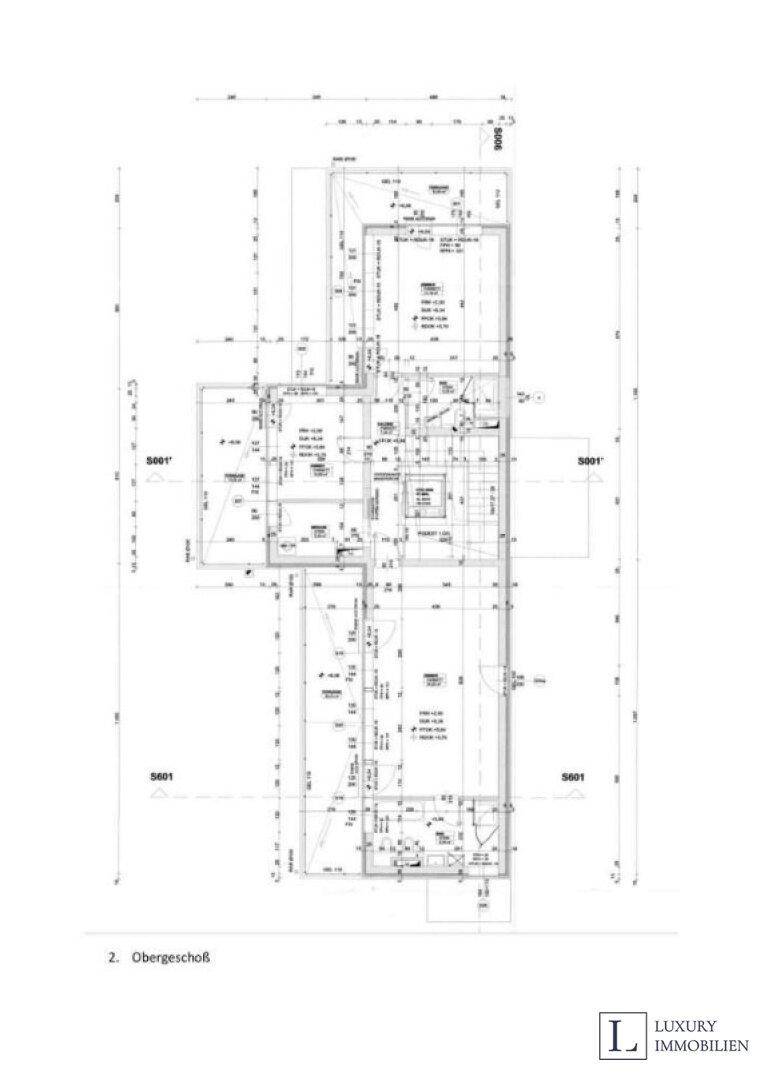 Grundriss des 2. Obergeschosses mit detaillierter Raumaufteilung und Maßen.