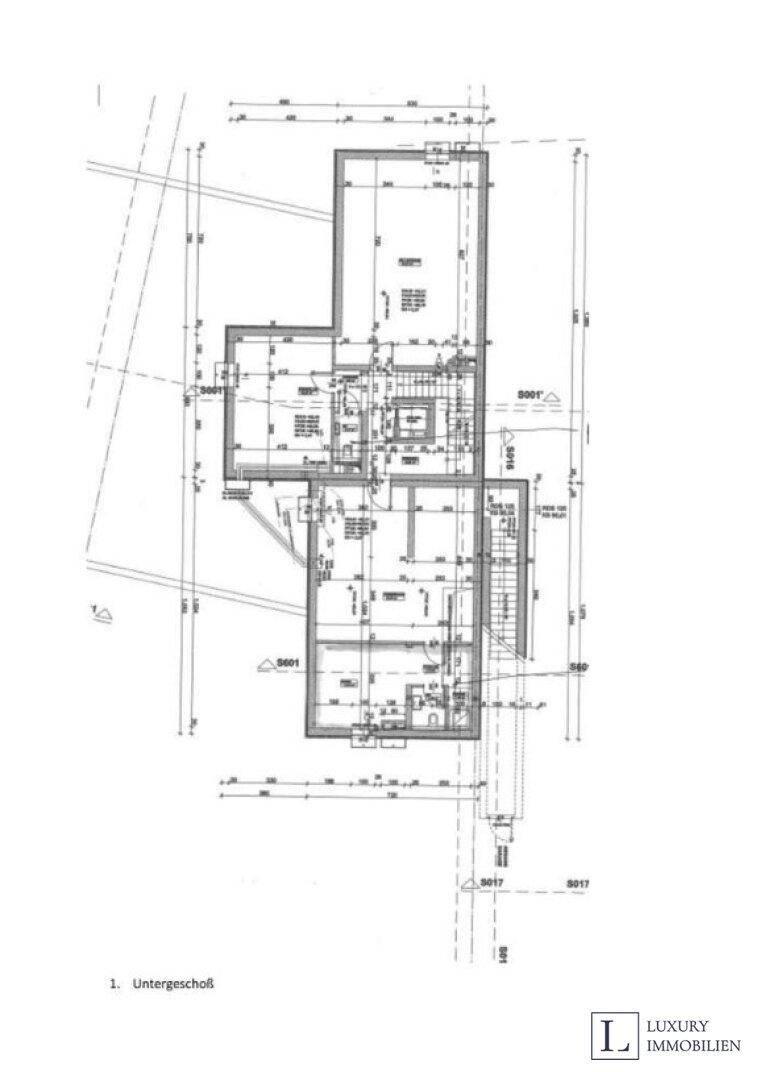 Grundriss des 1. Untergeschosses mit detaillierter Raumaufteilung und Maßen.