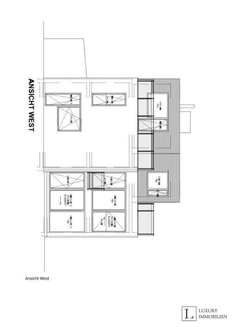 Westansicht des Gebäudes mit Fenster- und Fassadendetails.