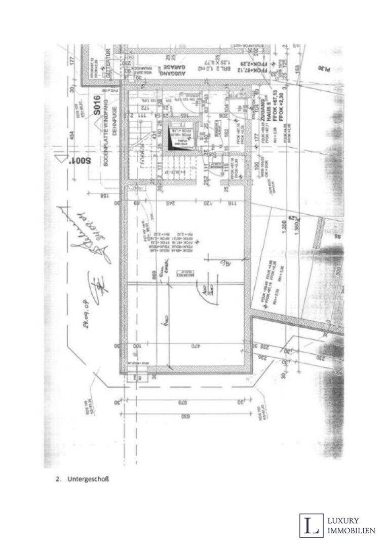 Grundriss des 2. Untergeschosses mit detaillierter Raumaufteilung und Maßen.