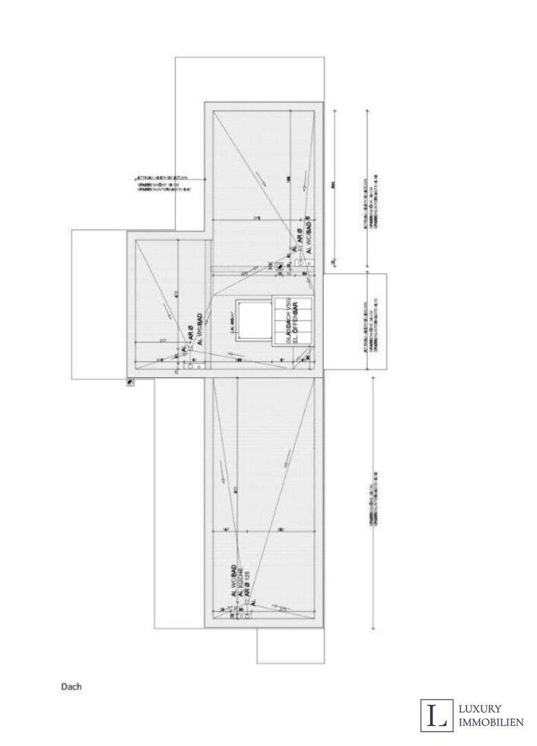 Dachaufsicht des Gebäudes mit Details zur Dachkonstruktion.