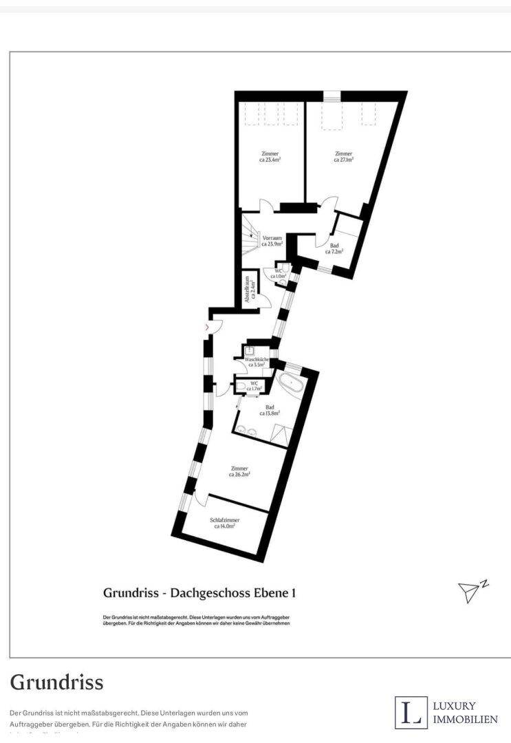 Grundriss des Dachgeschosses Ebene 1 mit mehreren Zimmern und Bädern.