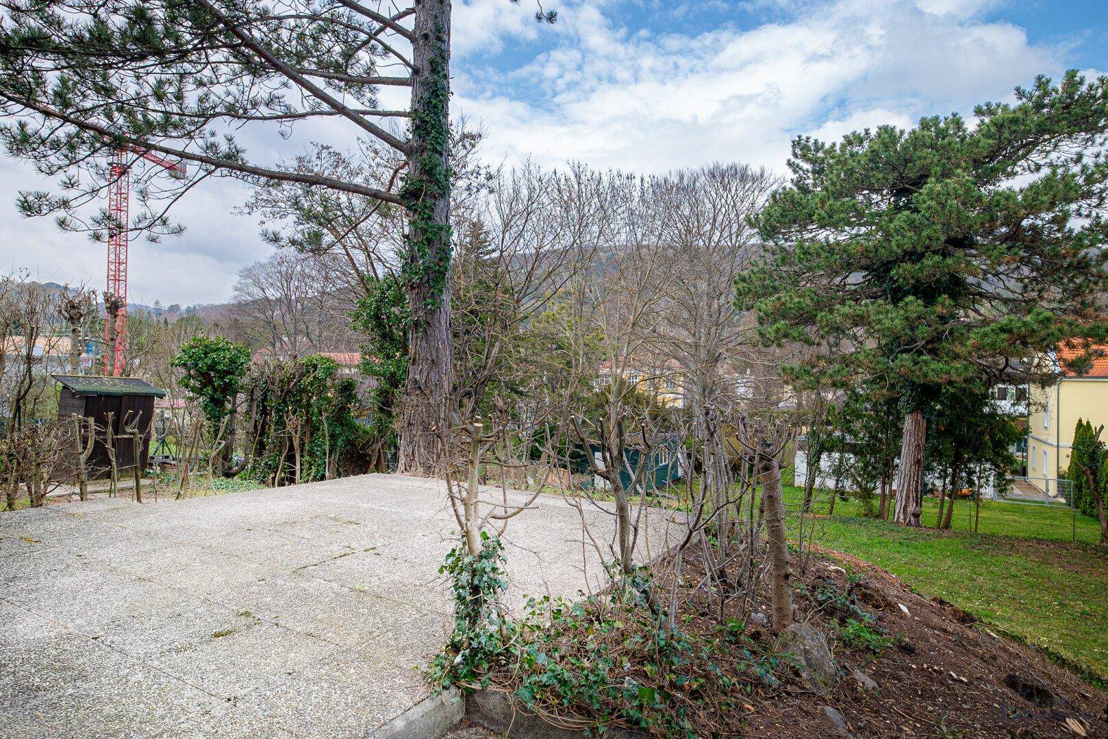 Gepflasterter Bereich im Garten mit Blick auf die umliegende grüne Landschaft und Bäume.