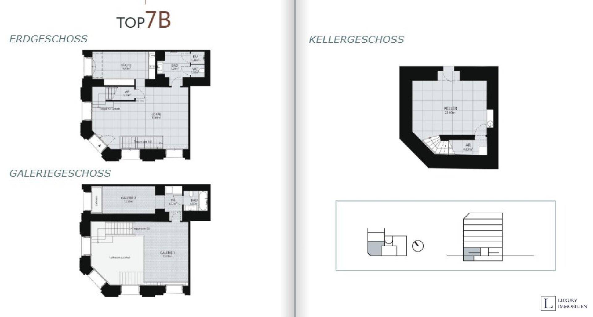 Grundrisspläne für Erdgeschoss, Galeriegeschoss und Kellergeschoss der Immobilie.